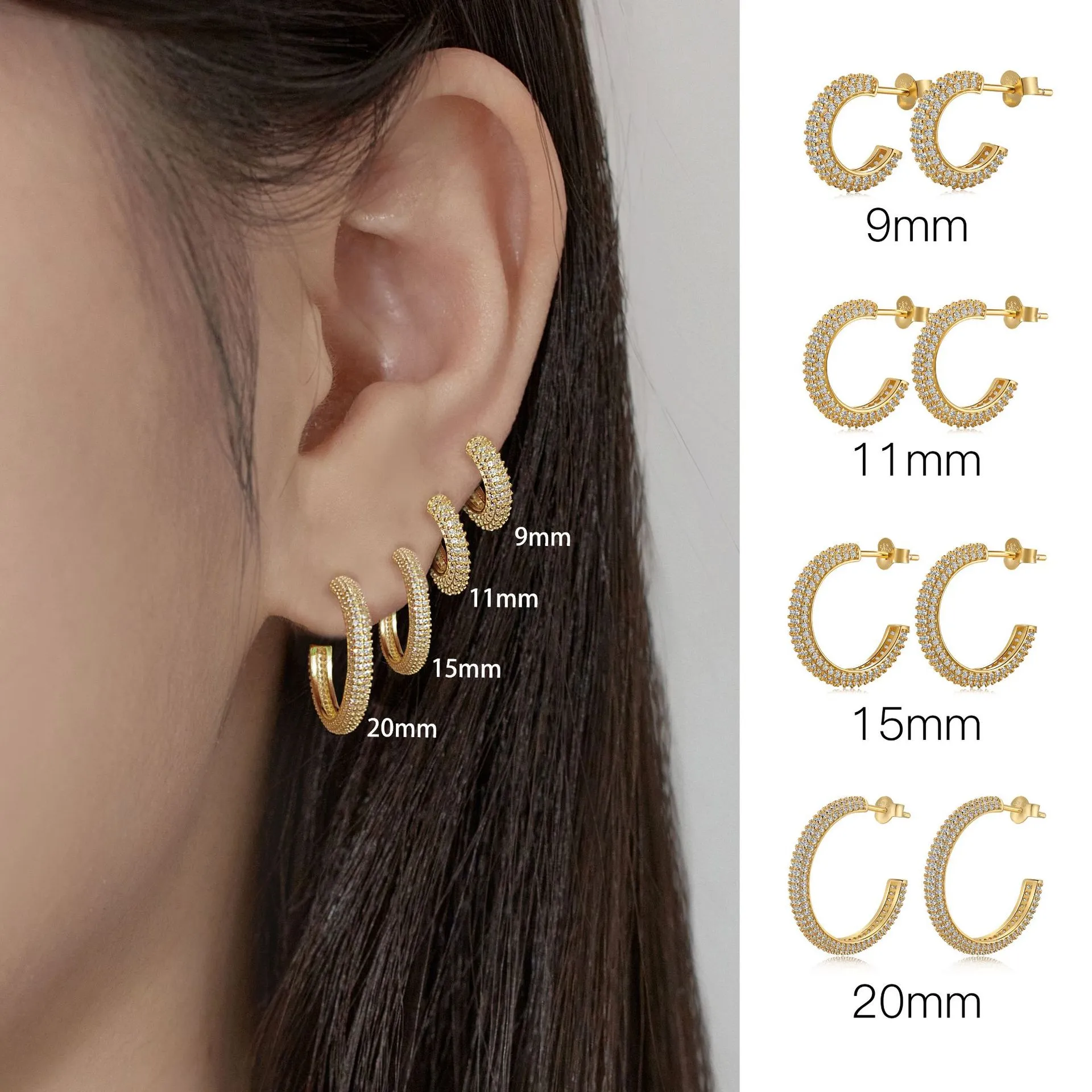 Gold Tone C Shape Zirconia Stud Earring 40200506