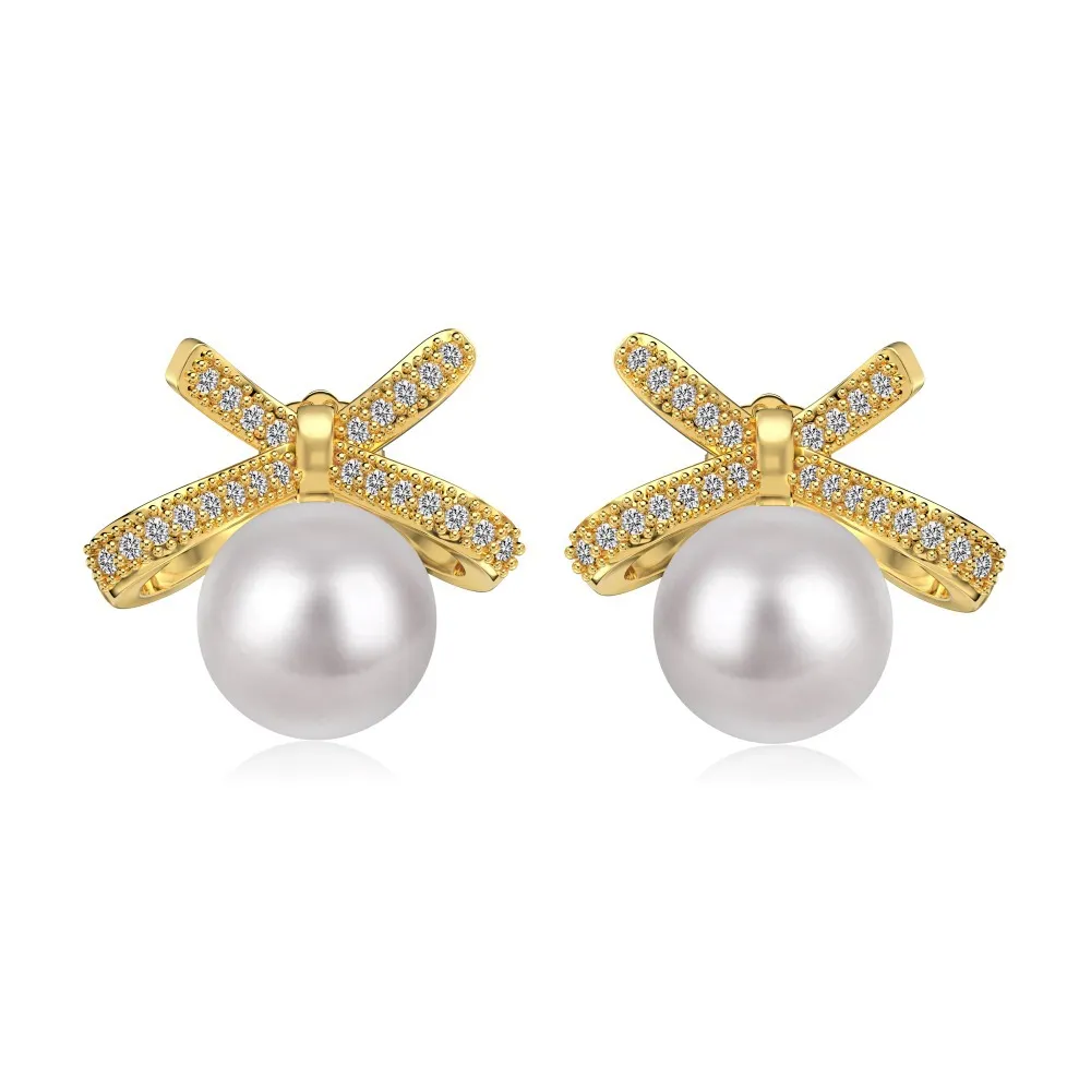 Zirconia Bow Pearls Stud Earring 40500015