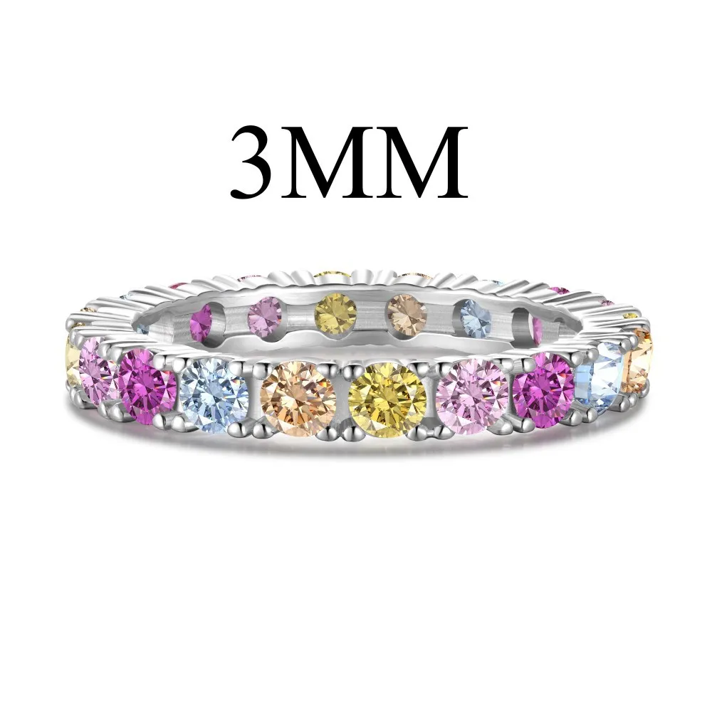 925 Sterling Silver 3mm Rainbow Zirconia Band Ring 70100228