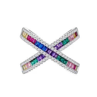 925 Sterling Silver Rainbow Cross Lines Zirconia Band Ring 70100292