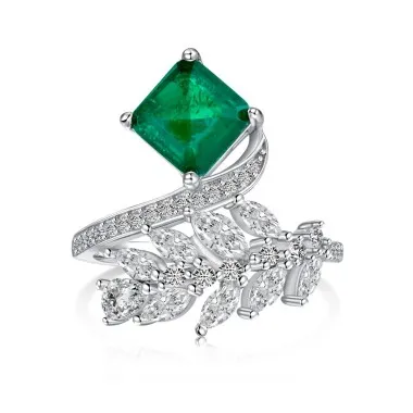 925 Sterling Silver Emerald Zirconia Leaf Ring 70200210