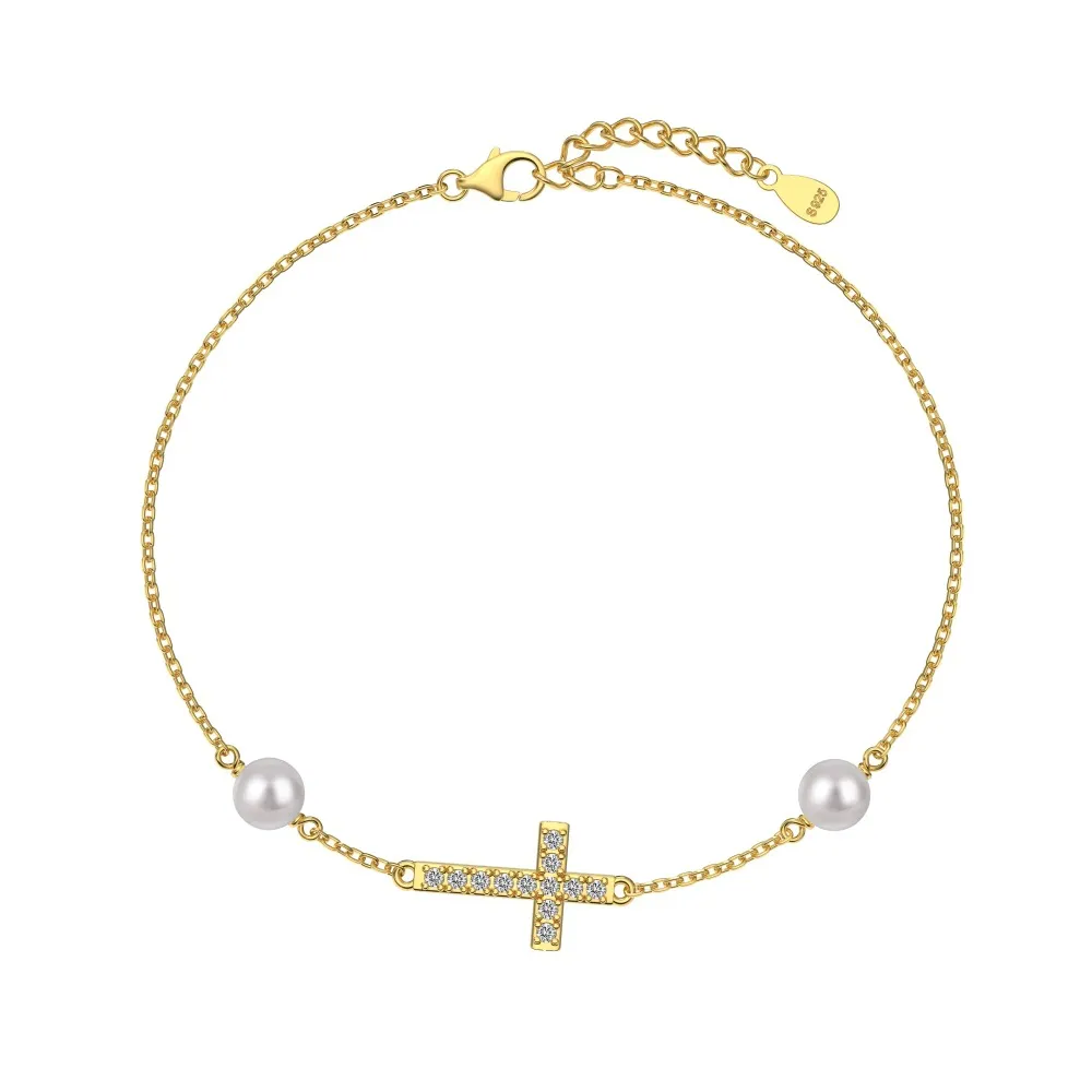 Zirconia Cross Pearl Chain Bracelet 100100150